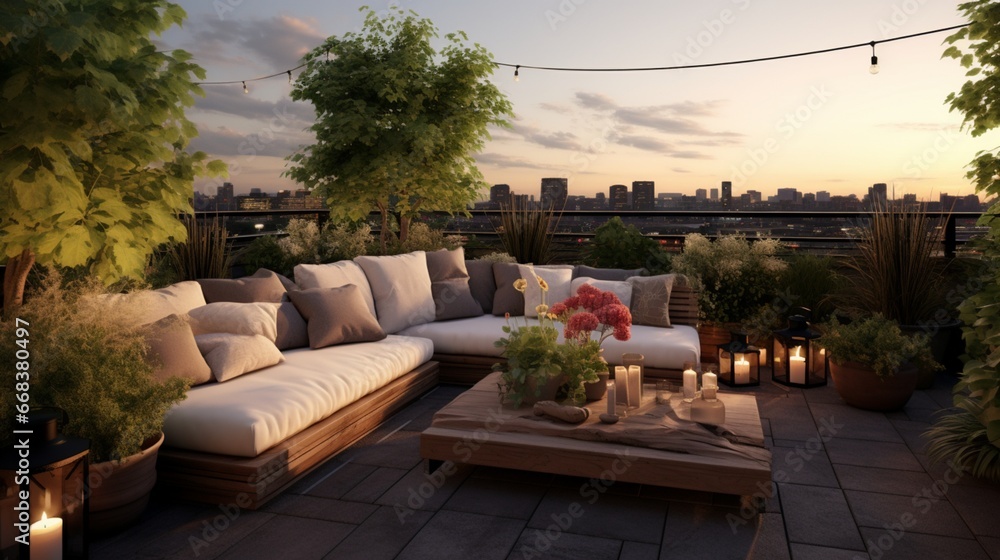 a rooftop garden with a chic outdoor sofa, providing a lush escape from the urban hustle and bustle