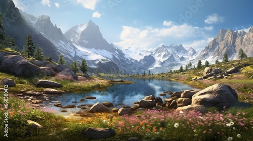 a rocky, high-altitude lake surrounded by wildflowers, creating a colorful and alpine-inspired landscape