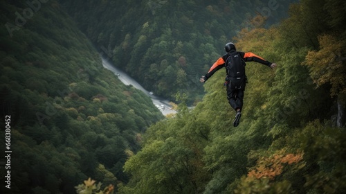 Skydiving in the mountains. Parachutist in free fall. Sport concept with a copy space.