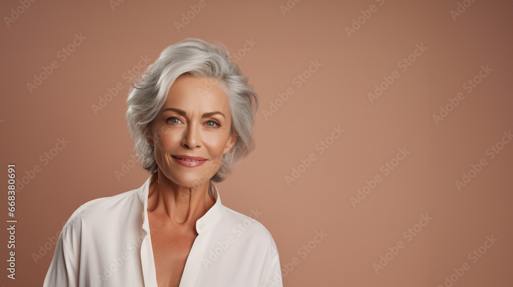 An Elderly Mature Woman wearing white is isolated against a pastel background with copy space, beautiful and confident An Elderly Mature Woman wearing white is isolated against a pastel background with copy space, beautiful and confident