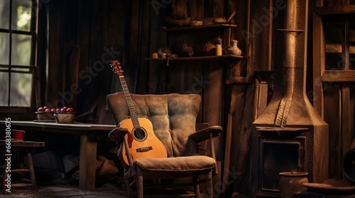 a rustic cabin interior with a well-worn guitar leaning against a wooden chair, telling stories of past tunes and cozy evenings