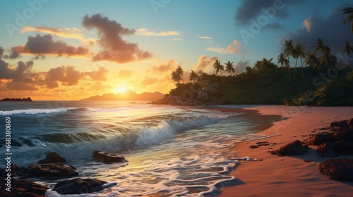A secluded beach with crystal-clear waters, the sun setting on the horizon.