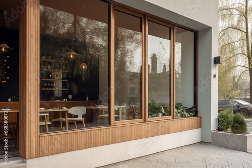 Cozy urban cafe exterior facade with wooden decor accents and large window