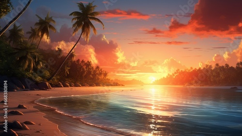 A secluded beach with crystal-clear waters, the sun setting on the horizon.