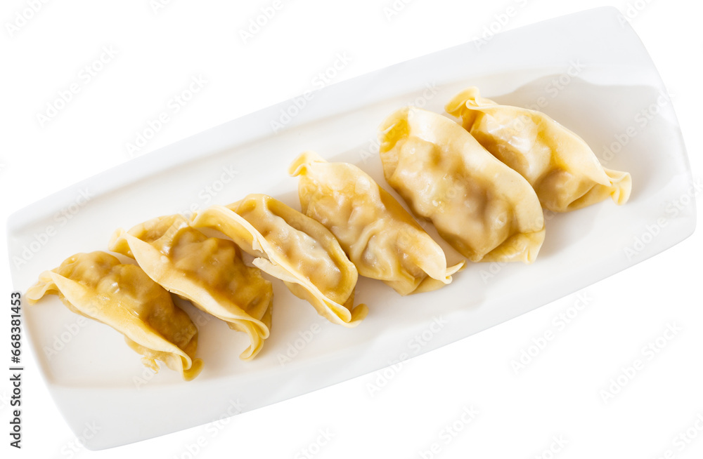 Boiled Yaki Gyoza served in a plate. Isolated over white background