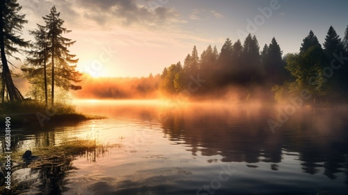 a serene lake at sunrise, with mist gently rising from the water, casting a tranquil ambiance. --ar 16:9