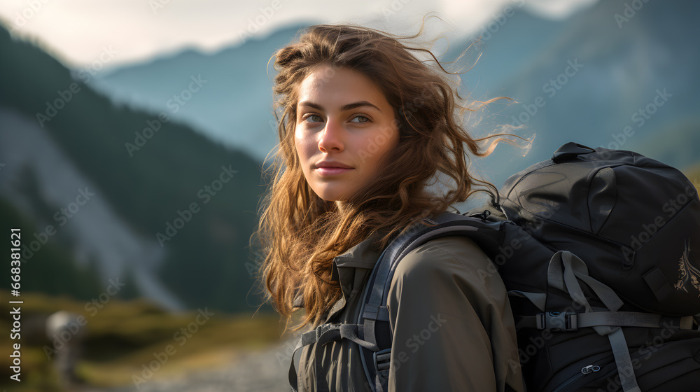Portrait of young woman hiking a mountain, traveling with bicycle and backpack on a rural mountain country side Portrait of young woman hiking a mountain, traveling with bicycle and backpack on a rural mountain country side