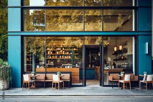 Modern cafe exterior with glass windows, showcasing interior through glass and outdoor seating.