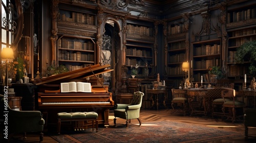 a serene library with a grand piano taking center stage, where melodies intermingle with the rustling of pages and the scent of old books photo