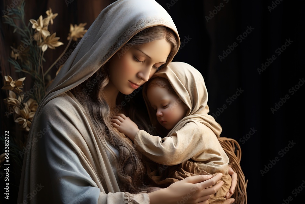 Holy Mary holding baby Jesus Christ in her arms. Ai generative Stock