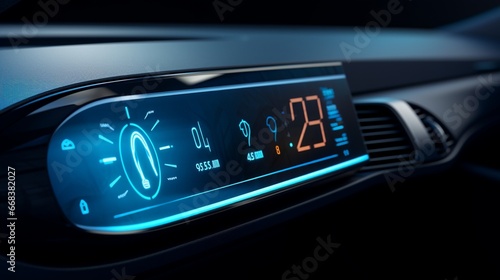 a sleek digital clock integrated into a futuristic dashboard, its vibrant display reflecting off the polished surfaces