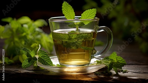 A soothing cup of mint tea in a glass cup, surrounded by fresh mint leaves
