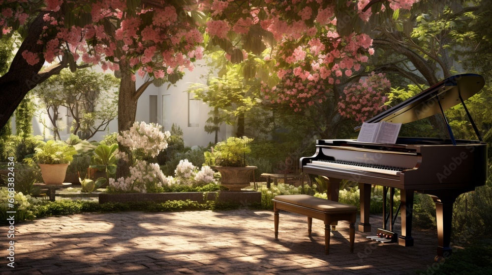 a sun-dappled garden with a piano placed under a blossoming tree, inviting musicians to create melodies that complement the beauty of the outdoors