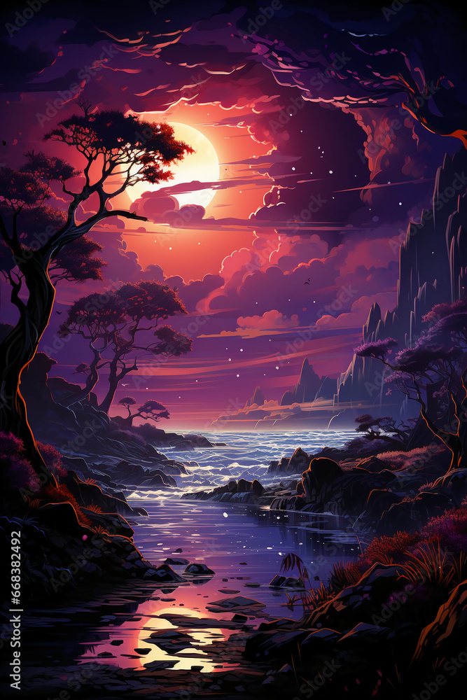 Purple neon full moon set on ocean. AI generative Purple neon full moon set on ocean. AI generative