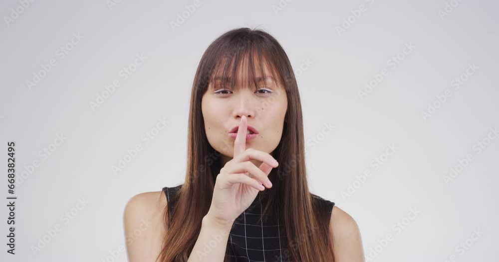 Woman, face or finger lips hush studio mockup or announcement, drama news or voice secret. Asian person, portrait emoji or privacy hand white background or surprise info, confidential or gossip quiet Woman, face or finger lips hush studio mockup or announcement, drama news or voice secret. Asian person, portrait emoji or privacy hand white background or surprise info, confidential or gossip quiet