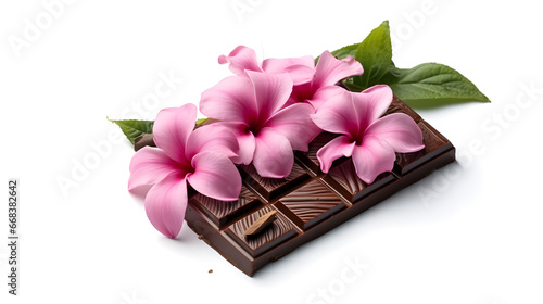 There are pink tropical flowers on a chocolate bar with leaves that are set off against a white background.