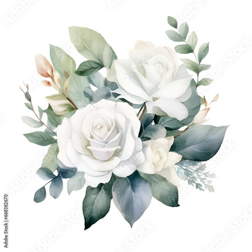Watercolor botanical white roses with green leaves on white background 