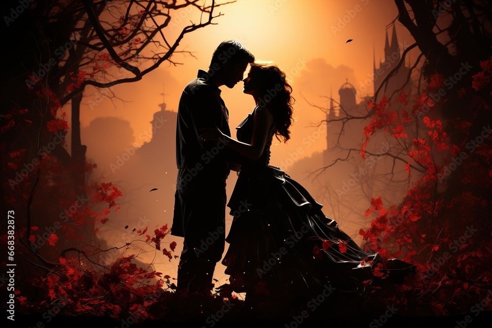 Silhouette of a couple sharing a kiss against a misty background. Ai generative