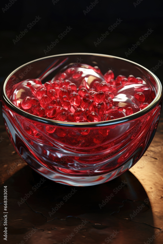 A glass bowl filled with red beads is placed on a wooden table. This image can be used for various creative projects and crafts A glass bowl filled with red beads is placed on a wooden table. This image can be used for various creative projects and crafts
