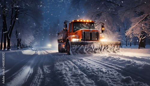 Snow plow clearing road after winter snow storm. Ai generative photo