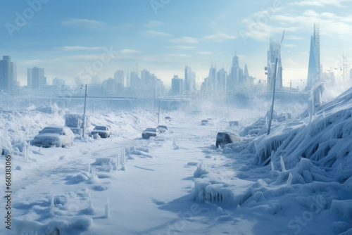 A city skyline covered in a thick layer of snow and ice. This picture captures the winter wonderland atmosphere of a city during the snowy season. Perfect for winter-themed designs and advertisements