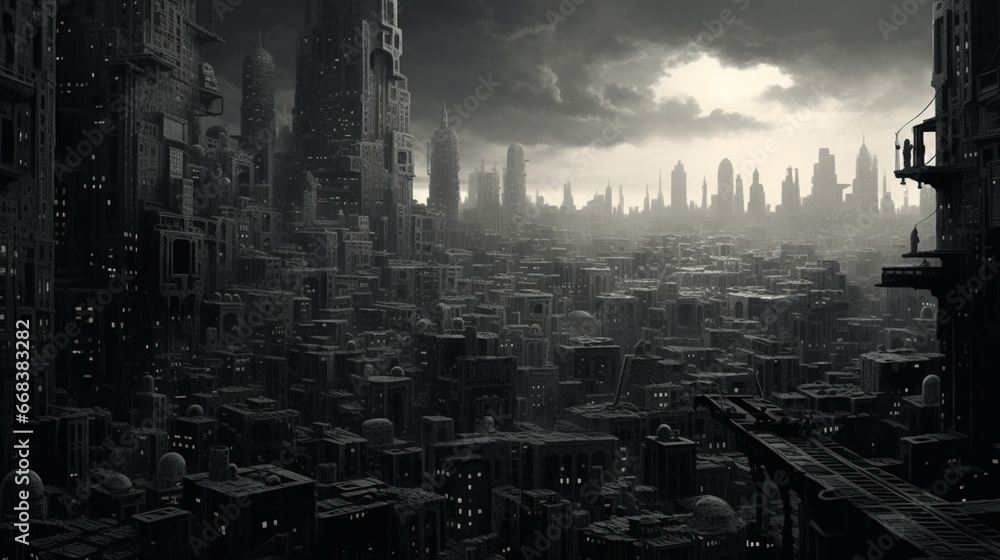 a surreal, monochromatic metropolis, where buildings reach upward as though in a timeless contest