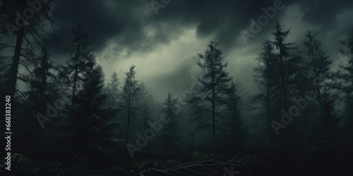 A picture showcasing a dense and eerie forest filled with numerous trees. Ideal for projects requiring a mysterious and atmospheric setting © Fotograf
