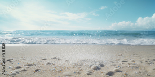 A picturesque view of the ocean from a sandy beach. This image can be used to depict a serene coastal landscape or as a background for beach-themed designs