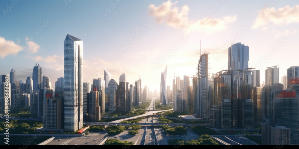 Fototapeta premium A view of a large city with tall buildings. Perfect for urban landscapes and city life illustrations