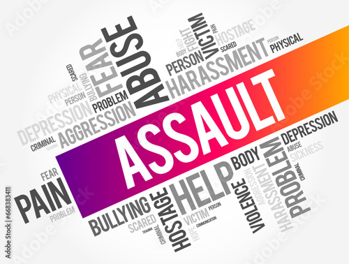 Assault - act of committing physical harm or unwanted physical contact upon a person, word cloud concept background