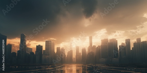 A captivating view of a cityscape at sunset as seen from a highway. This image can be used to depict urban life, transportation, or the beauty of cityscapes during golden hour