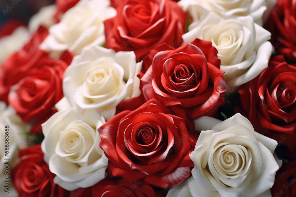 Obraz premium A close-up view of a beautiful bouquet of red and white roses. Perfect for expressing love and affection. Ideal for use in wedding invitations, greeting cards, or floral arrangements.