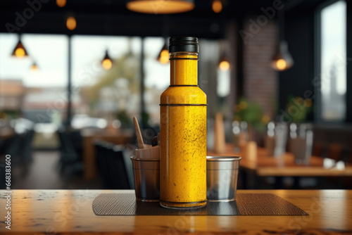 A yellow bottle sitting on top of a wooden table. This versatile image can be used in various contexts