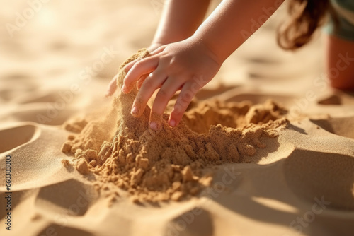 A child happily playing in the sand on the beach. Perfect for summer vacation or family travel themes