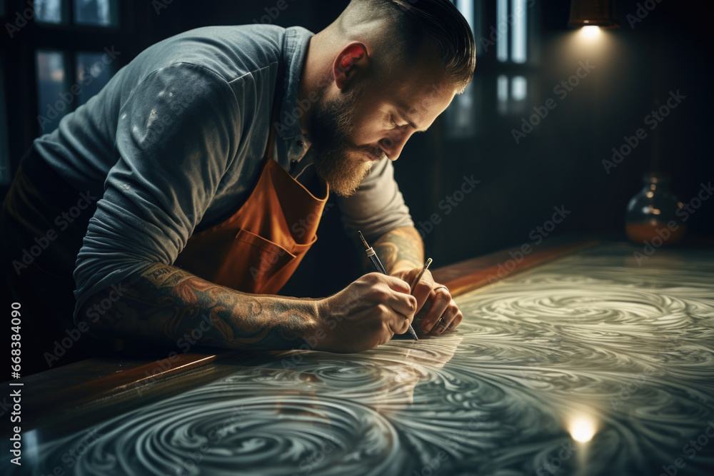 Obraz premium A man in an apron is drawing on a table. This image can be used for creative projects or in educational materials