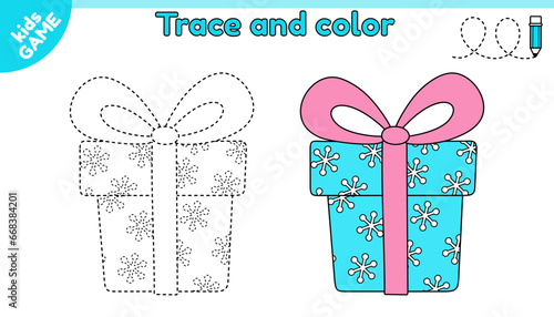 Educational kids game Tracing lines. Cartoon Christmas gift box with bow knot. Handwriting practice worksheet for preschool children. Page of coloring activity book with New Year present. Vector.