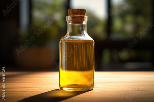 A simple image of a bottle of olive oil sitting on a table. This versatile image can be used in various contexts