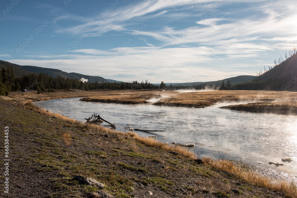 morning view of Firehole river in Yellowstone National Park, Wyoming, USA