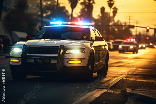 A police car is captured driving down a street at sunset. This image can be used to depict law enforcement, urban life, or crime prevention photo