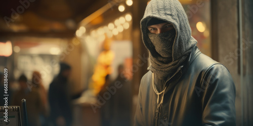A man wearing a hoodie and a scarf. This image can be used to depict a person in cold weather or as a concept of anonymity