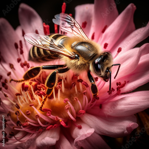 Fondo de primer plano de abeja sobre flor de tonos rosados
