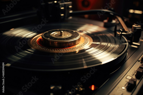 A close-up view of a record spinning on a turntable. This image can be used to represent music, vinyl records, DJing, or nostalgia for retro technology