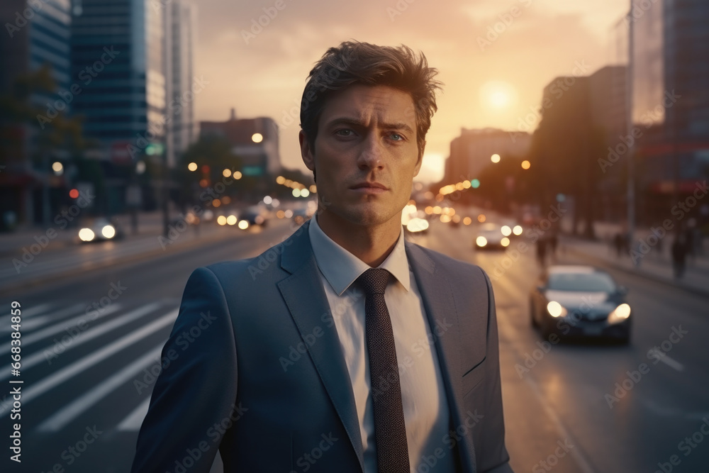 A professional man wearing a suit and tie standing confidently on a bustling city street. This image can be used to depict business, success, professionalism, or urban lifestyle