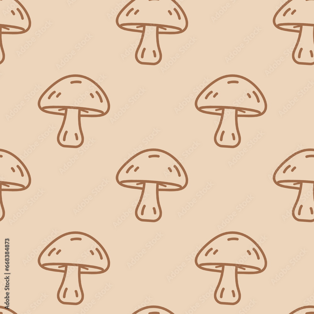 Seamless beige pattern with mushrooms. Autumn background. Perfect for fabric, textile. Creative background