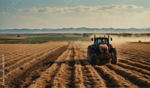 A modern  technologically advanced combine harvests crops on a spacious open-air field on a sunny day. Agricultural industry process. Outdoors on a sunny day  a farmer uses a modern combine harvester