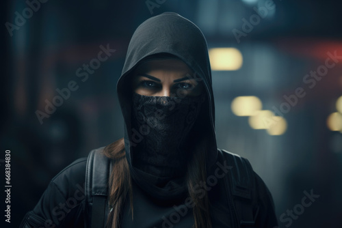 A woman wearing a black hood and a black mask. This image can be used to depict mystery, anonymity, and secrecy