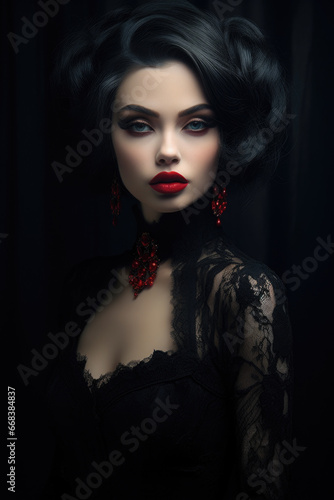A picture of a woman with black hair and red lipstick. This image can be used for beauty, fashion, or makeup-related projects