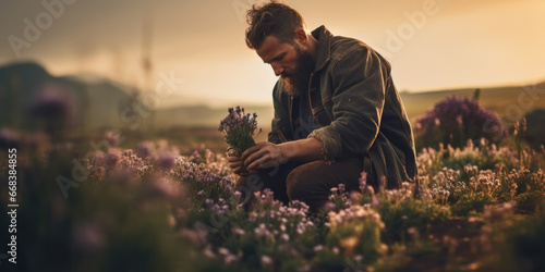 A man is pictured kneeling down in a beautiful field of flowers. This image can be used to represent appreciation, gratitude, or love in various contexts