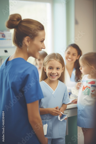 A woman wearing scrubs engages in conversation with a young girl. This image can be used to depict a doctor or nurse interacting with a child in a medical setting