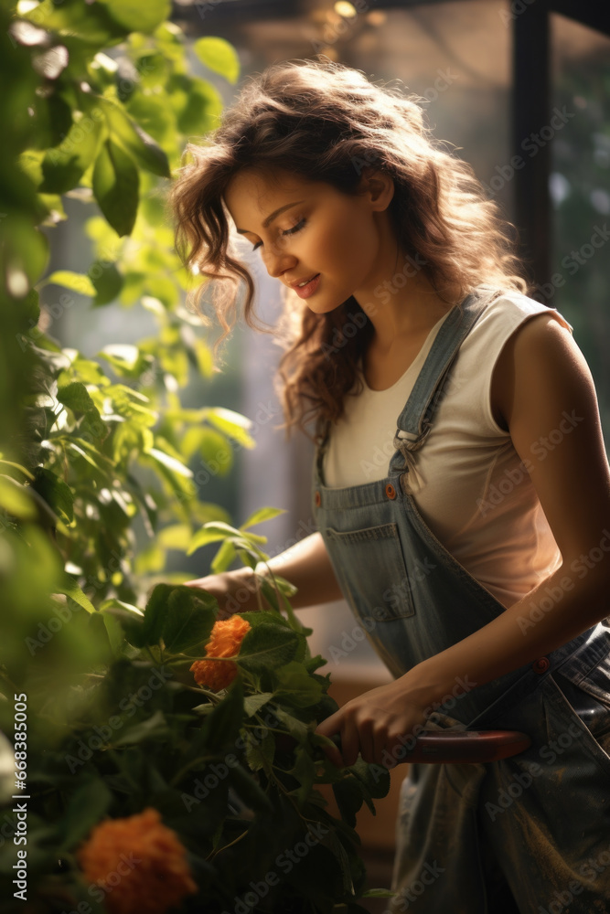 A woman wearing overalls is seen cutting flowers in a greenhouse. This image can be used to showcase the process of flower cultivation or for gardening-related content A woman wearing overalls is seen cutting flowers in a greenhouse. This image can be used to showcase the process of flower cultivation or for gardening-related content